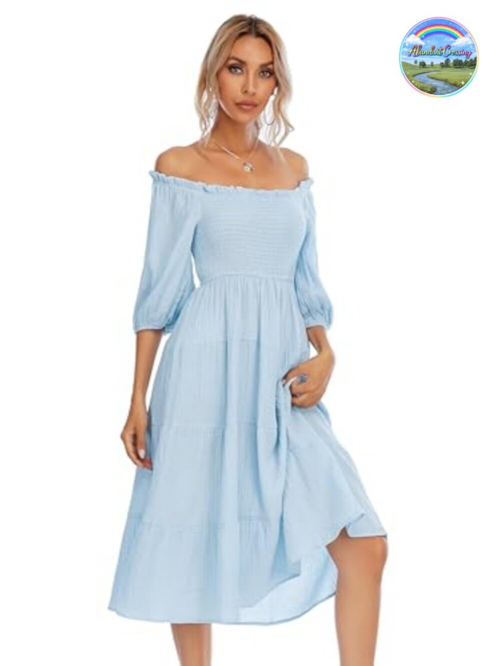 Cotton Off-Shoulder A-Line Midi Dress Puff Sleeve Ruffle Casual